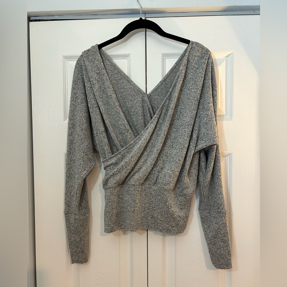 Express Gray Faux Wrap Top XS Long Sleeve Surplice Soft Knit Blouse - Picture 4 of 6